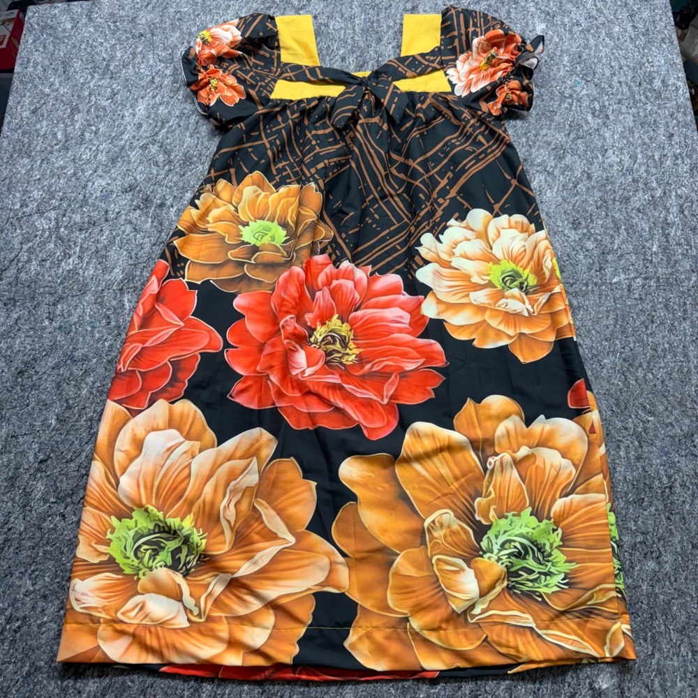 Floral Square Neck Puff Sleeve Shift Dress Black Orange Yellow Bow Detail M